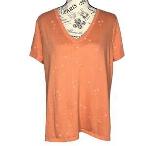 a.n.a LARGE Orange Gold Pink Star Print Short Sleeve V-Neck Tee Shirt Top